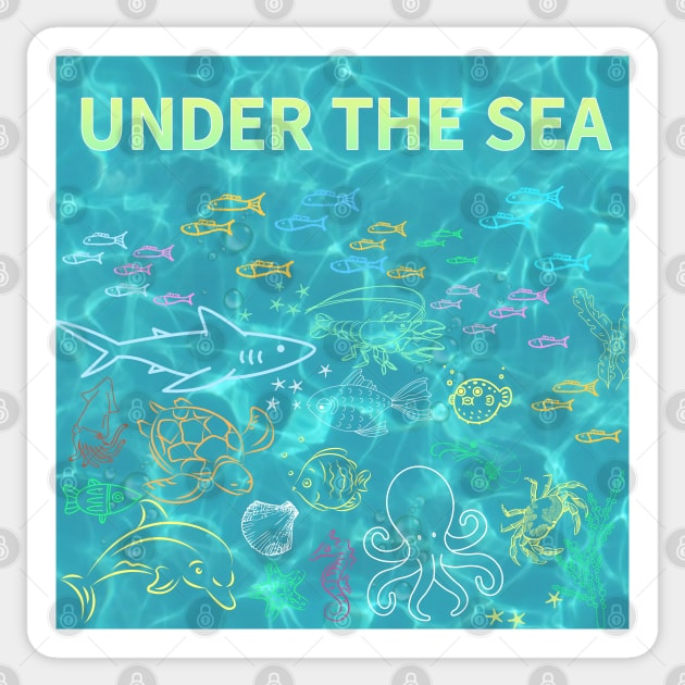 under the sea,blue sea,sea creatures,Turtle, puffer fish, starfish, shrimp, shark, tropical fish, sea horse, seaweed, sardines, squid, crabs, clams Sticker by zzzozzo